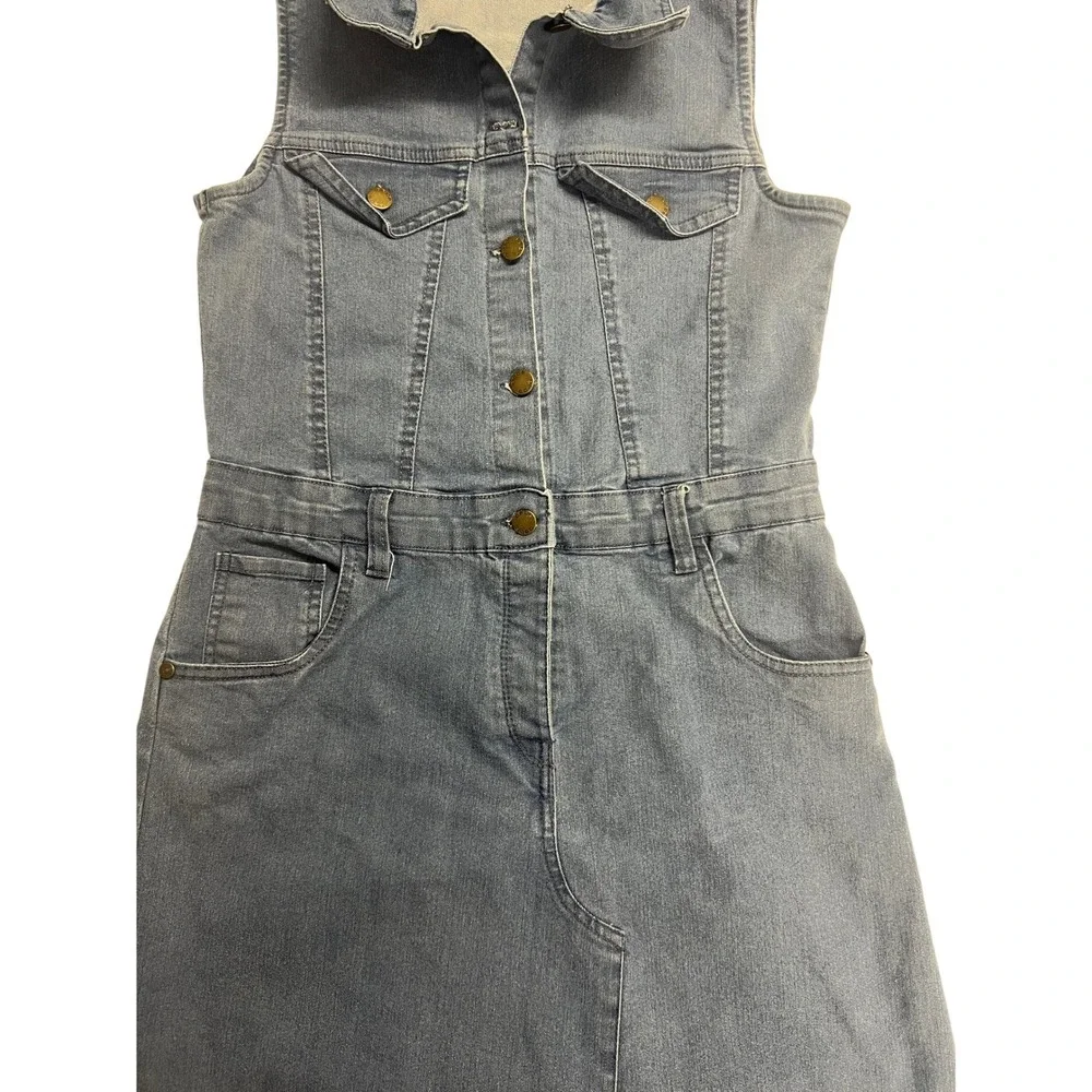 Vintage Bebe Sleeveless Denim Midi Dress Size L Stretch Y2K Western Utility - Picture 10 of 11